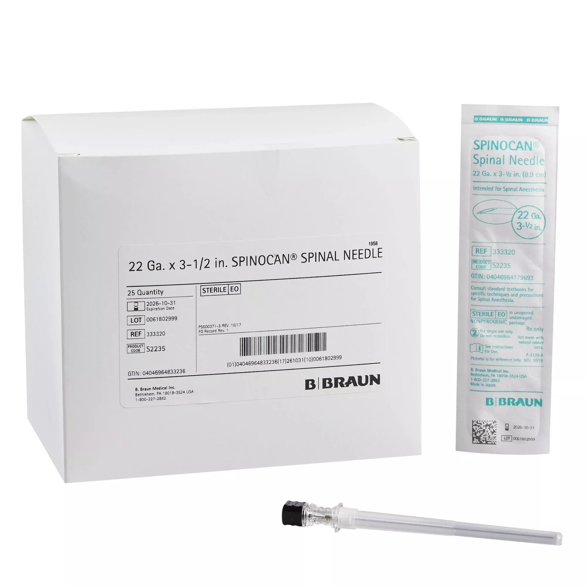 Spinal Needle Spinocan 3-1/2 Inch 22 Gauge Quincke Style