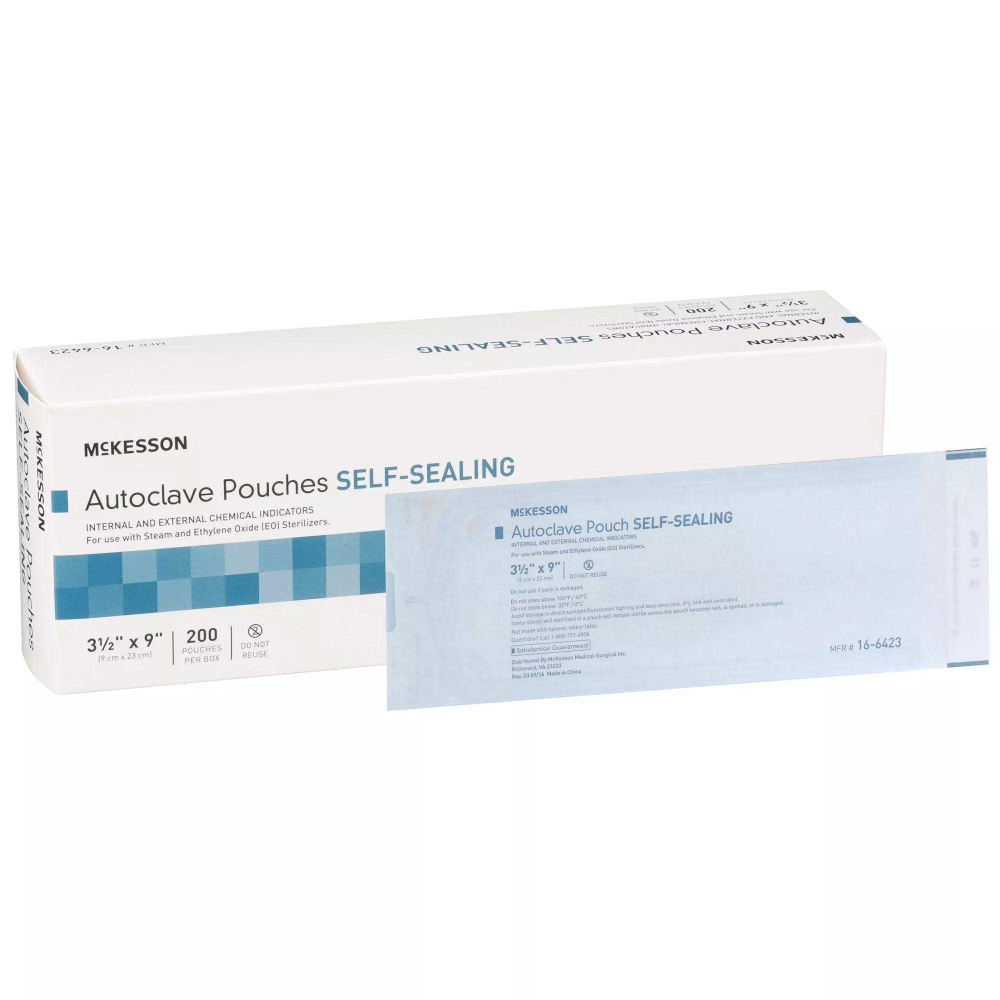 Sterilization Pouch McKesson Ethylene Oxide (EO) Gas / Steam 3-1/2 X 9 Inch Transparent Blue / White Self Seal Paper / Film #16-6423