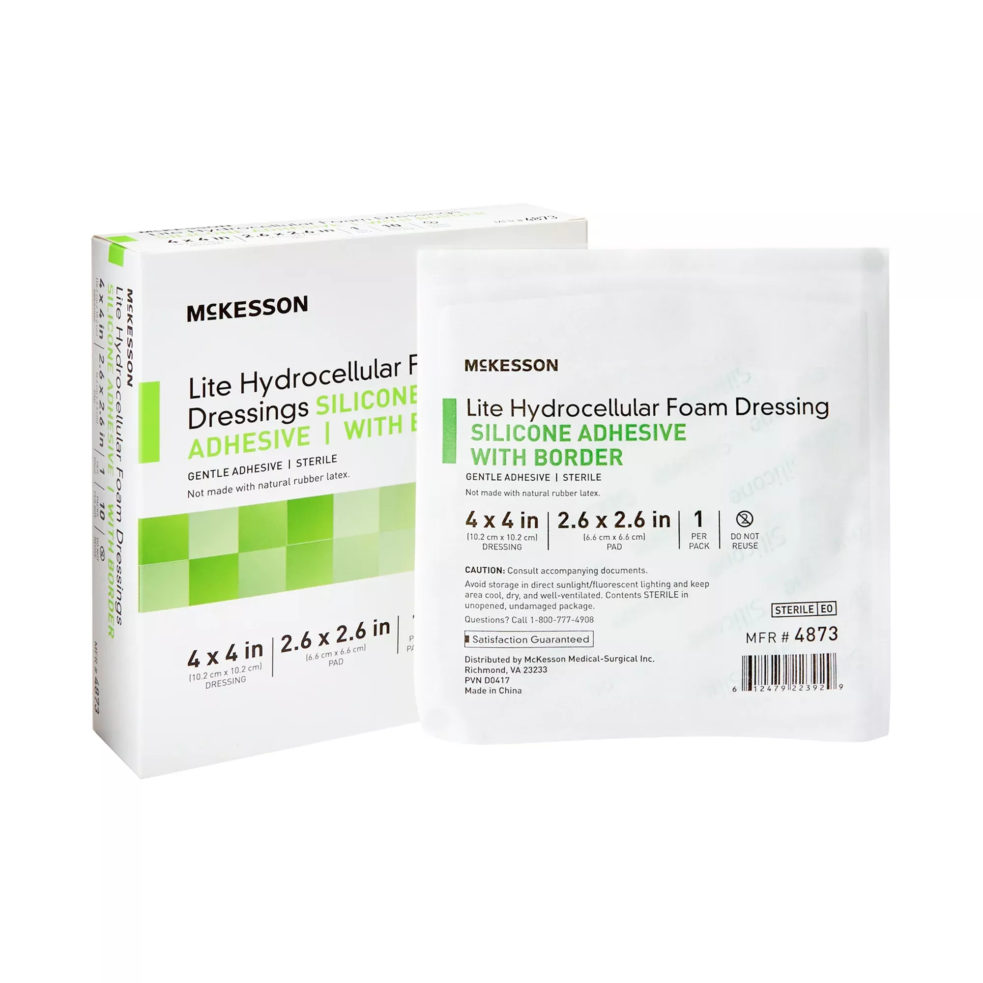 Thin Foam Dressing McKesson Lite 4 X 4 Inch With Border Film Backing Silicone Gel Adhesive Square Sterile #4873