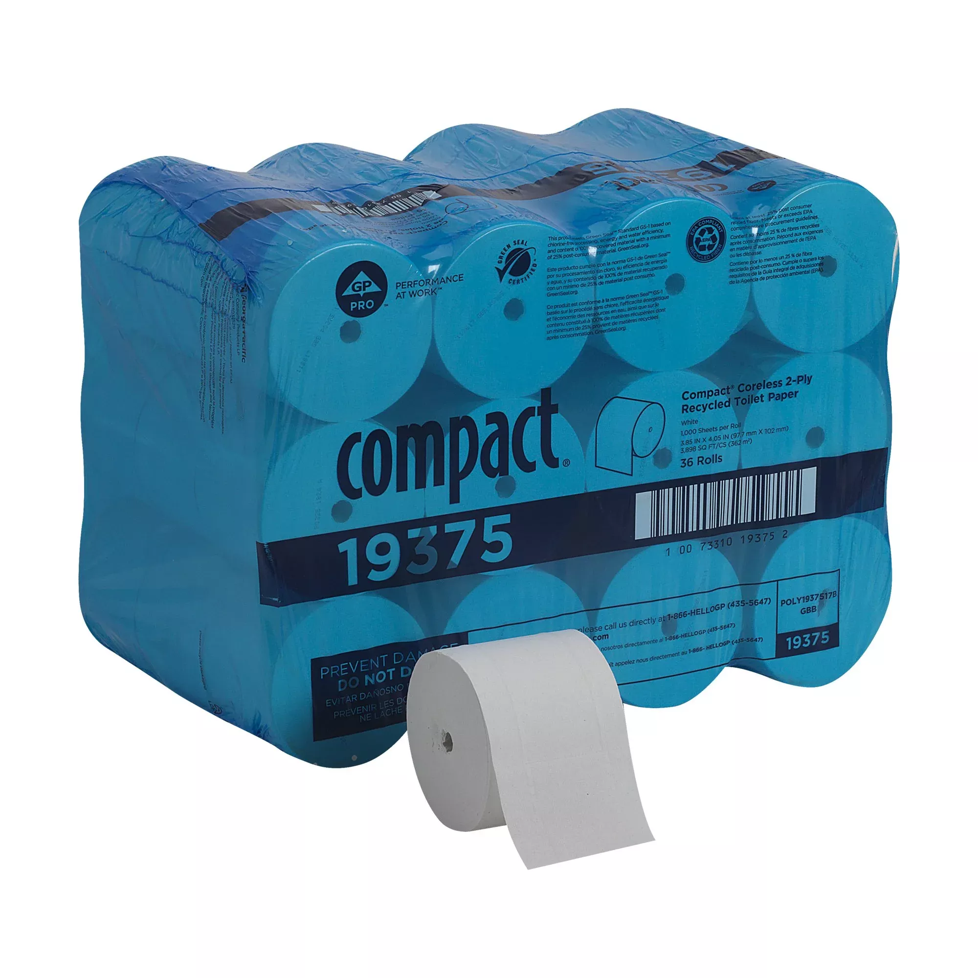 Toilet Tissue Compact White 2-Ply Standard Size Coreless Roll 1000 Sheets 3-4/5 X 4-1/20 Inch