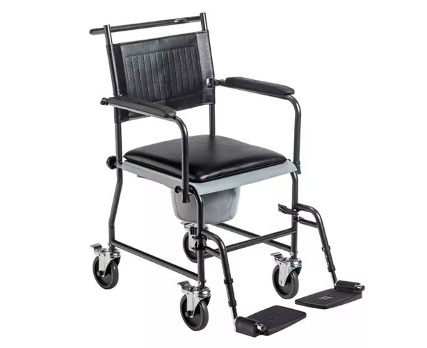 Upholstered Commode with Drop-Arms, Footrests, and Wheels